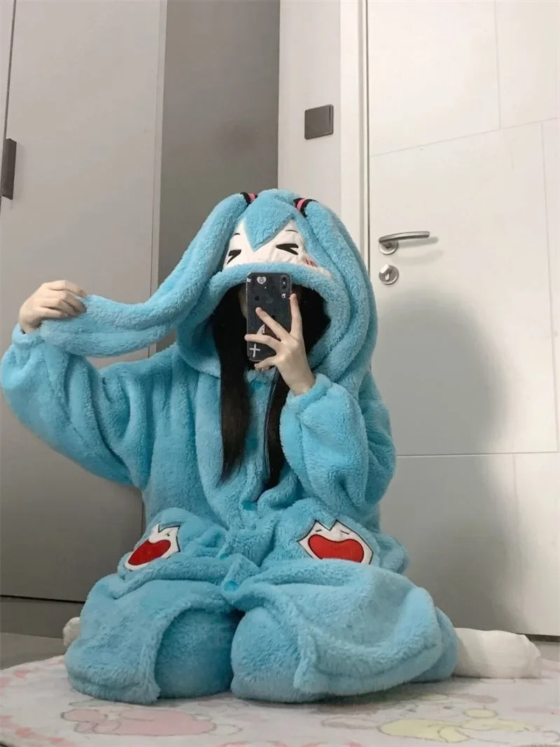 Hatsune Miku Coral Velvet Pajamas Cartoon Cartoon Cartoon Girl Winter Plush Thickened Warm Home Clothes Pajama Set Girl Gift