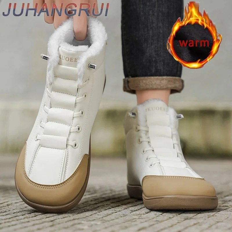 Winter Wide Toe Barefoot Cotton Shoes Mens High-Top Fleece Lined Cotton Boot Thick Warm Casual Shoe Wide Toe Ankle Boot Non-Slip