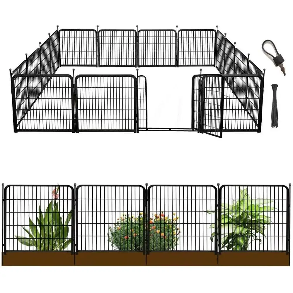 

40 черных металлических декоративных садовых заборов, 14 панелей, длина 31 фута, с воротами, подходит для собак