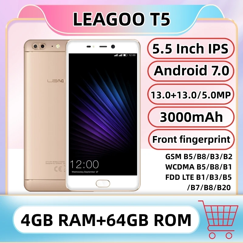 Leagoo T5 Smartphone 4GB RAM 64GB ROM 5.5 Inch MTK6750T Octa Core Android 7.0 13MP Dual Rear Cams Fingerprint 4G Mobile Phone