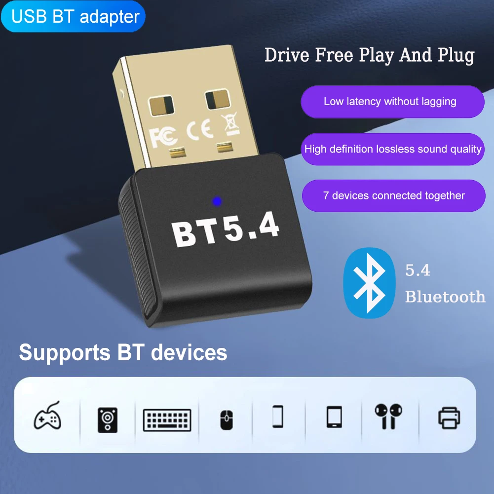 USB BT 5.4 Dongle Adapter BT Adapter Support Win11/10/8.1 BT Transmitter and Receiver for Keyboard Mouse Headphone Speakers