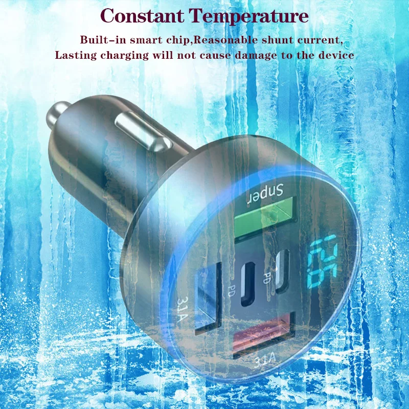 66W 5/6Port USB Digital Real-time Voltage display car super charger QC30/PD for Phones fast charging cigarette lighter adapter