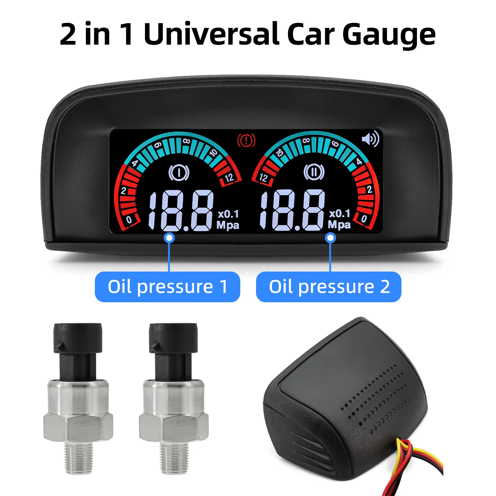 Universal 12V Car Oil Pressure Meter 2 In 1 Dual LED MPA Instrument Kit Oil Pressure Sensor 1/8npt M10 x 1.0 with Flashing Alarm