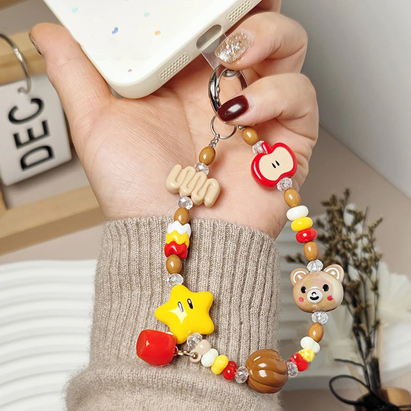 Cute Star Bear Beaded Mobile Phone Chains Keychain Pendant Girly Sweet Backpack Hanging Ornaments Fashion Bag Accessories Gifts