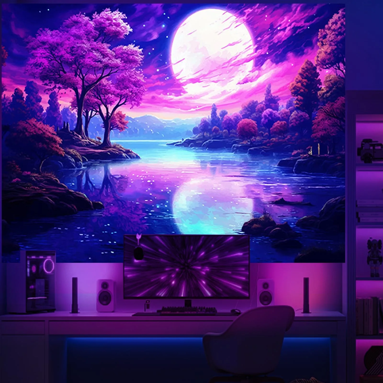 Enchanted Moonlit River Tapestry Purple Fantasy Landscape Wall Art for Bedroom Living Room Decor