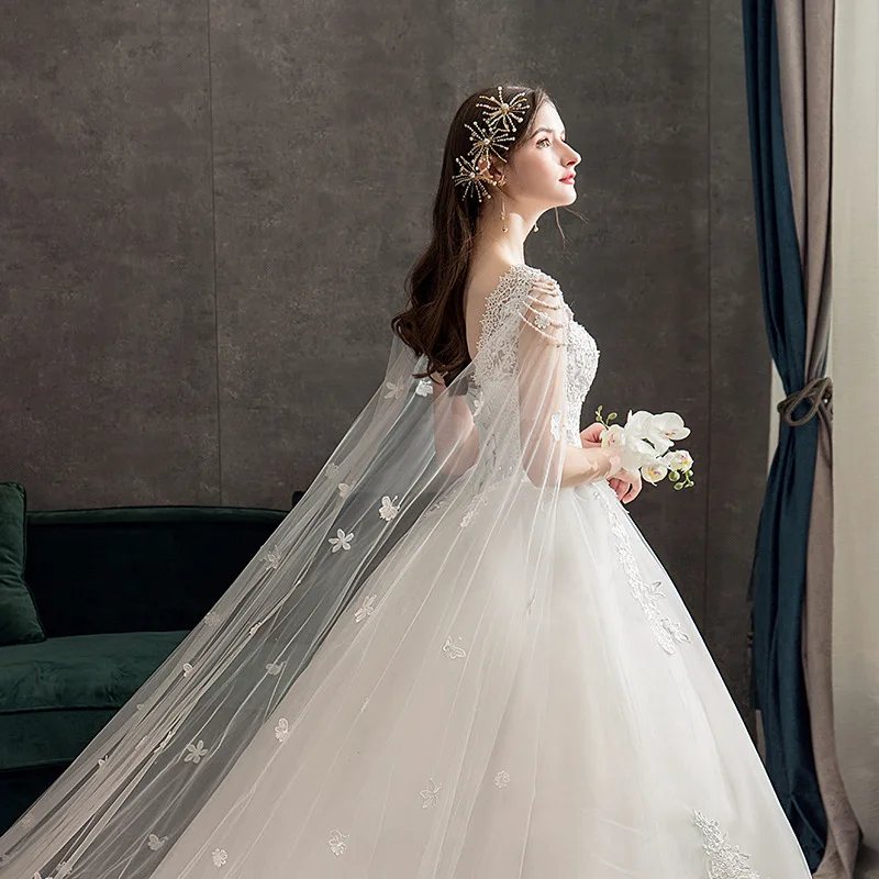 Vestidos de novia de línea a con apliques de encaje para mujer, de cuello alto vestido de novia, tren de barrido, blanco