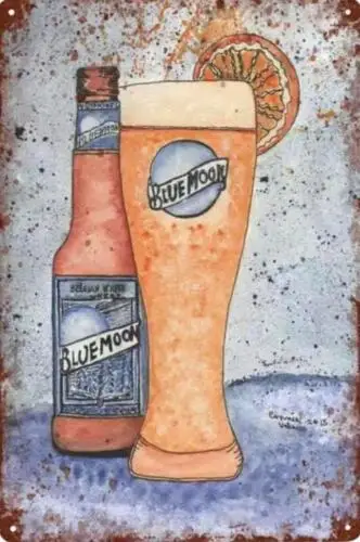 BLUE MOON BEER METAL TIN SIGN BEER BAR PROMO ART GLASS AND BEER ART MAN CAVE