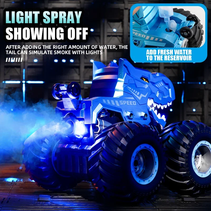 Voiture de cascade télécommandée 4WD avec son de pulvérisation légère, véhicule électrique dinosaure mécanique à grande vitesse 2.4G, jouets pour garçons, cadeaux