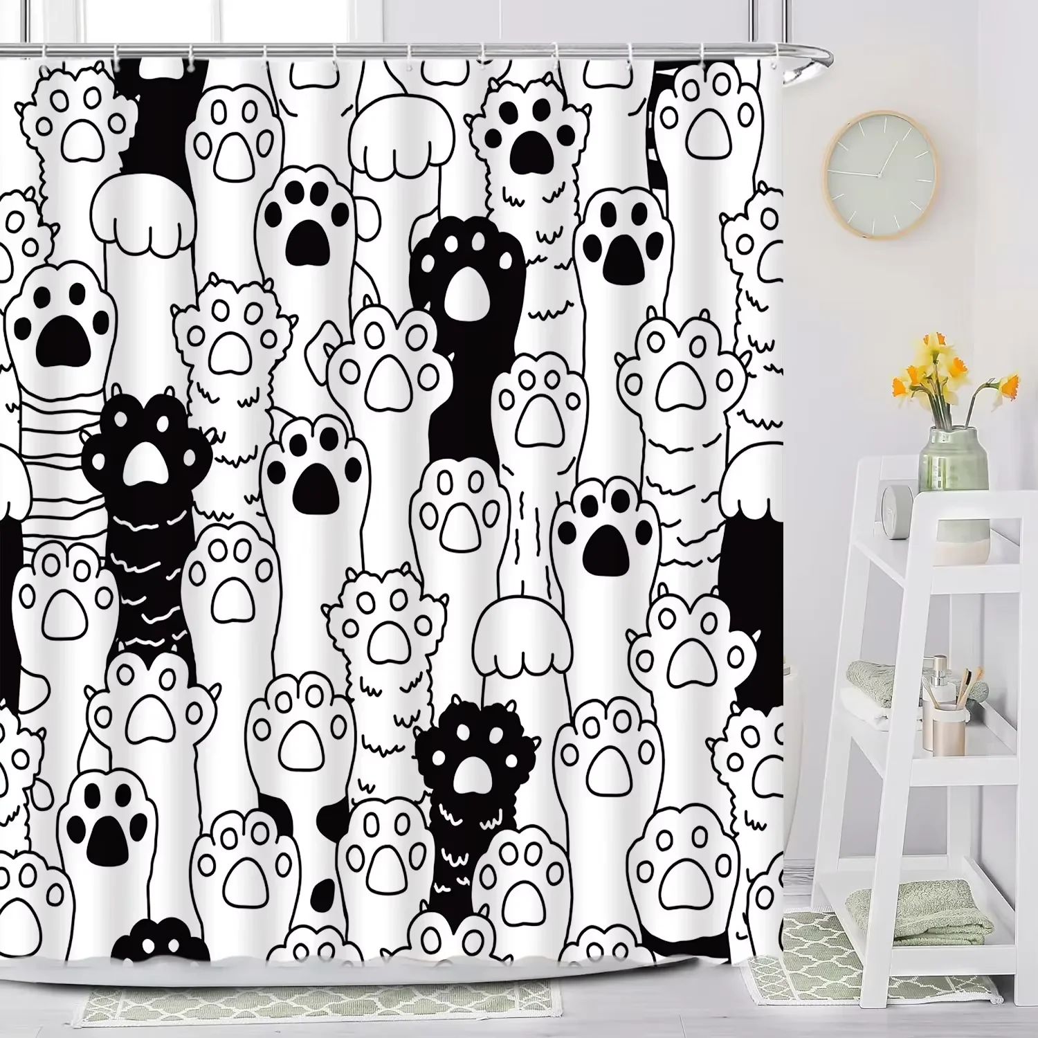 Cartoon Cat Shower Curtain, Plant leaves Bathroom Decorative Shower Curtain, Printed Fabric Home Curtain with Hooks