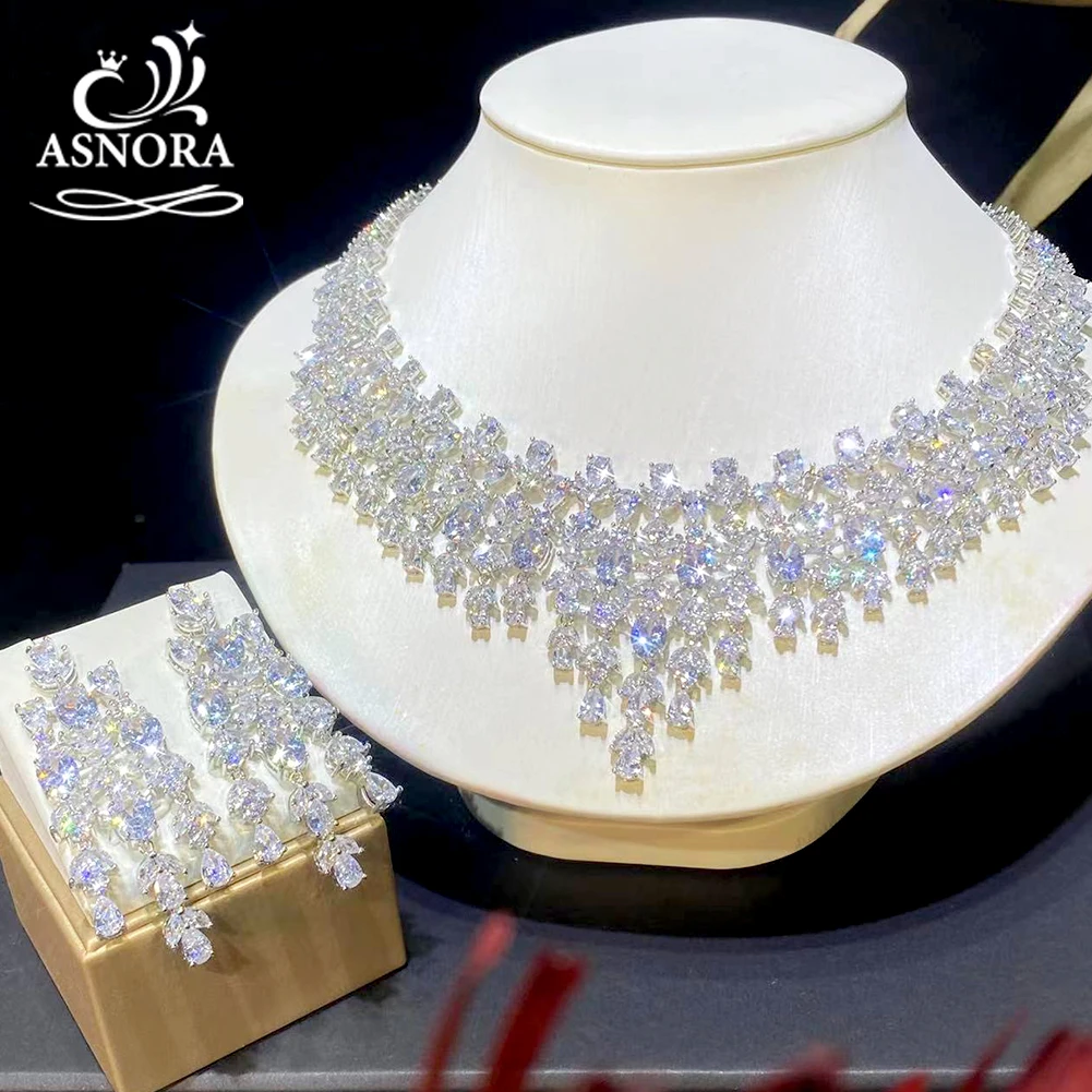 ASNORA- Luxury Floral Design Wedding Dubai Bridal Jewelry 2 PCS Set Shiny Cubic Zirconia CZ Necklace Pendant Earrings X0202