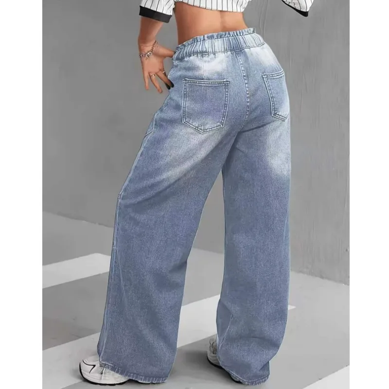 Light Blue Washed Spliced Wide Leg Jeans Women Elastic Drawstring Waist Deconstructed Loose Floor Length Denim Trousers