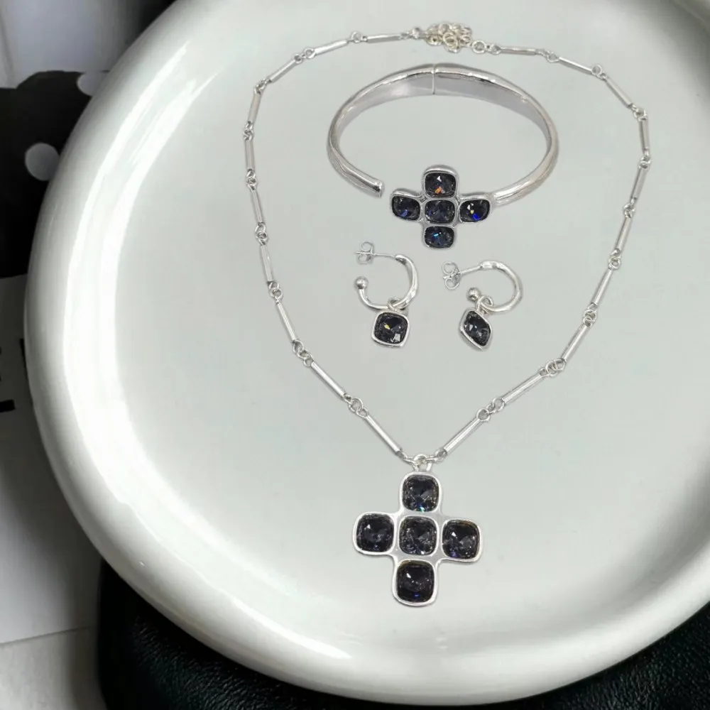

2026 Spain Exquisite Fairy Wind Gold Silver Cross Black Crystal Set Jewelry Three Piece Set Premium Gift