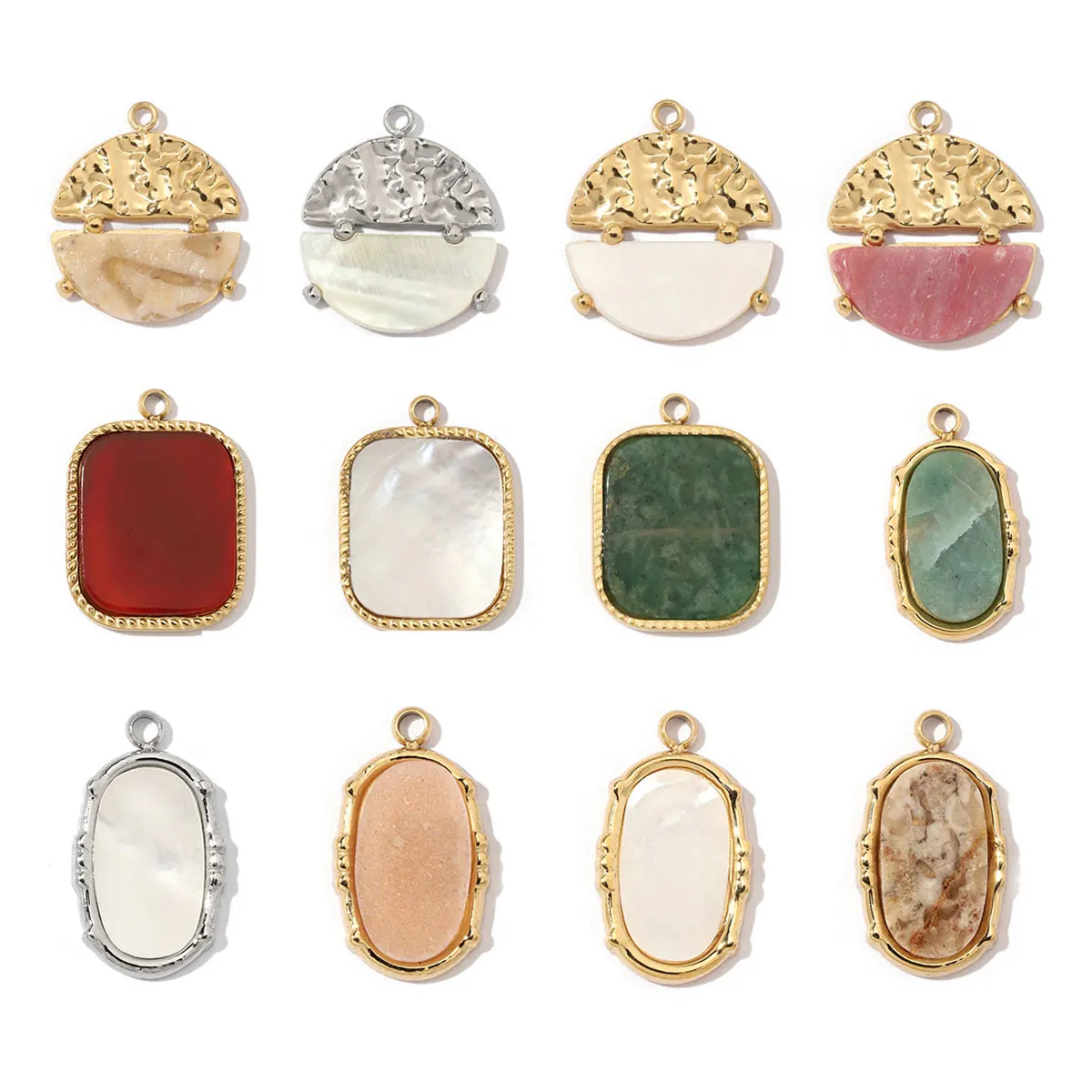 6pcs/Lot Bohemian Style Natural Stone Stainless Steel Pendants Oval Square Shell Charms for DIY Jewelry Accessories