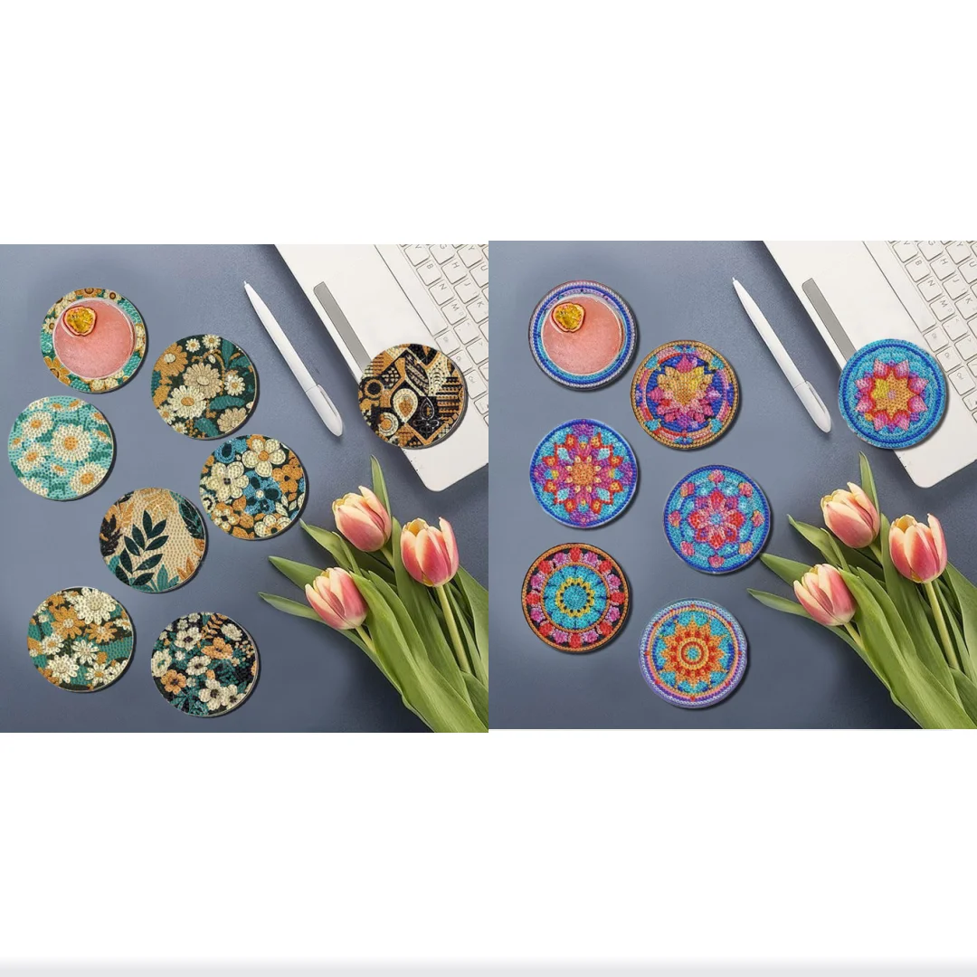 8 مجموعات من اللوحات الماسية التي تصنعها بنفسك بأنماط زهور ماندالا، وأكواب خشبية مضادة للانزلاق، وغرفة المعيشة، والمطبخ