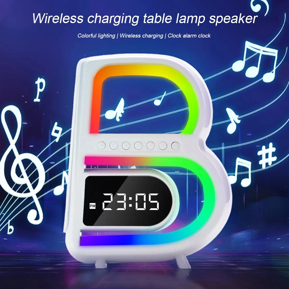 

2024 New B-Shaped Blutooth Speaker Multifunctional Smart Music Rhythm Lighting Phone Wireless Charger Desk Lamp Alarm Clock