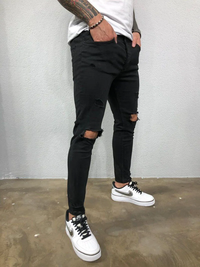 Men\'s Jeans Streetwear Ripped Skinny Hip Hop Man Fashion Estroyed Oversize Pants Solid Color Male Stretch Casual Denim Trousers