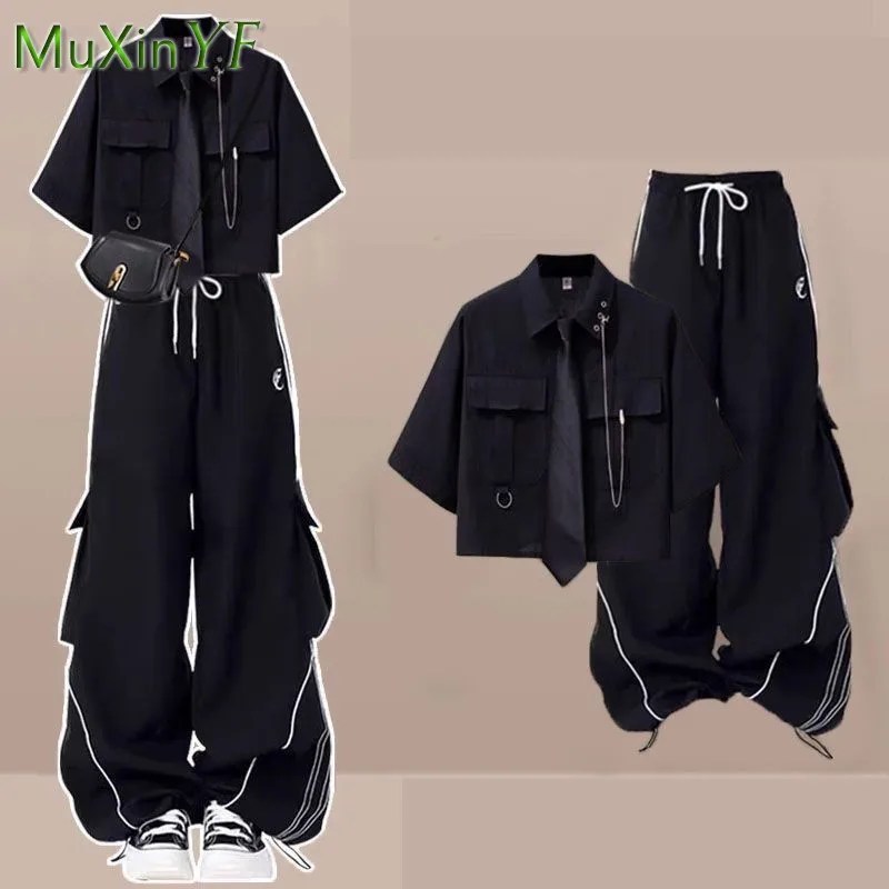 

2025 Summer New Korean Elegant Tracksuit Matching Set Girls' Loose Short Sleeved Shirt Top+Casual Cargo Pants Two Piece Suit