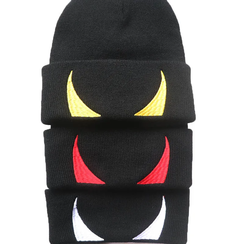 Halloween Devil Horn Embroidery Pattern Knitted Beanie Hat Autumn and Winter Halloween Cow Horn Head Cap Warm Hip Hop Hat