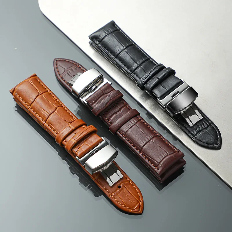 Double Pull Butterfly Buckle Calfskin Universal Watch Strap for Men Women Black Brown 14mm 16mm 19mm 18mm 20mm 21mm 22mm 24mm