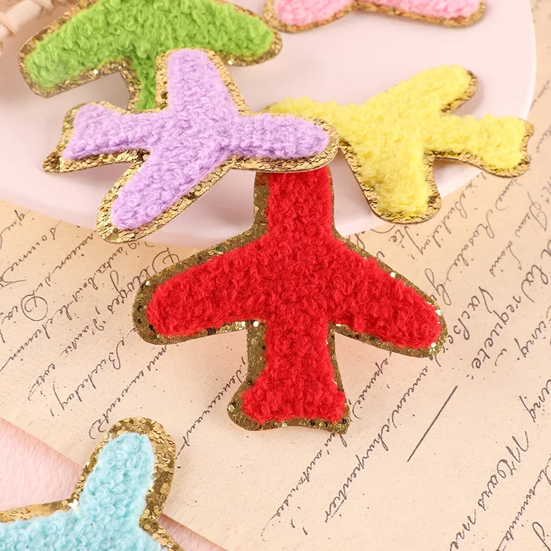 Airplane Gold Glitter Patches Iron on For Clothing Chenille Towel Embroidered Sequins Colorful Appliques for DIY Accessories