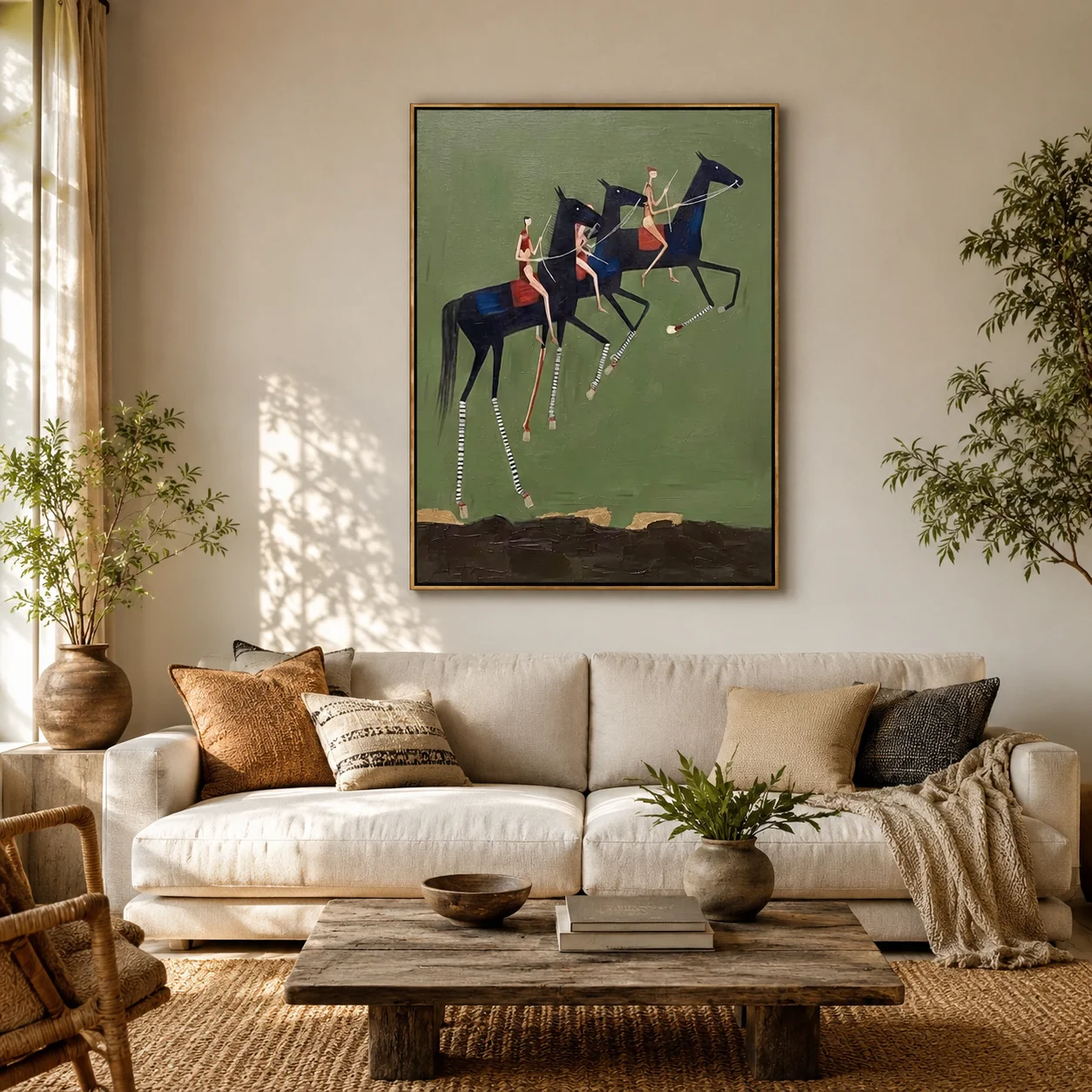 Green Gallop – Vintage Americana Three Riders on Dark Horses Painting | Canvas Wall Printfor Bedroom, Living Room, Office