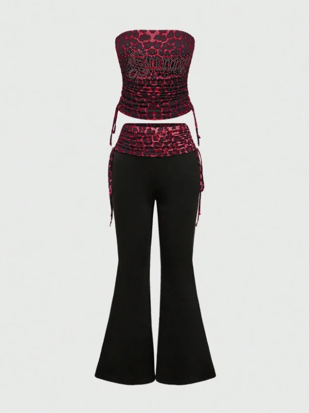 Amerikanischer Sommer Leopardenmuster Patchwork Spicy Girl Mode Y2K Einteiliger Trägerloser Tanktop-Hosenanzug für Damen – Detail 6
