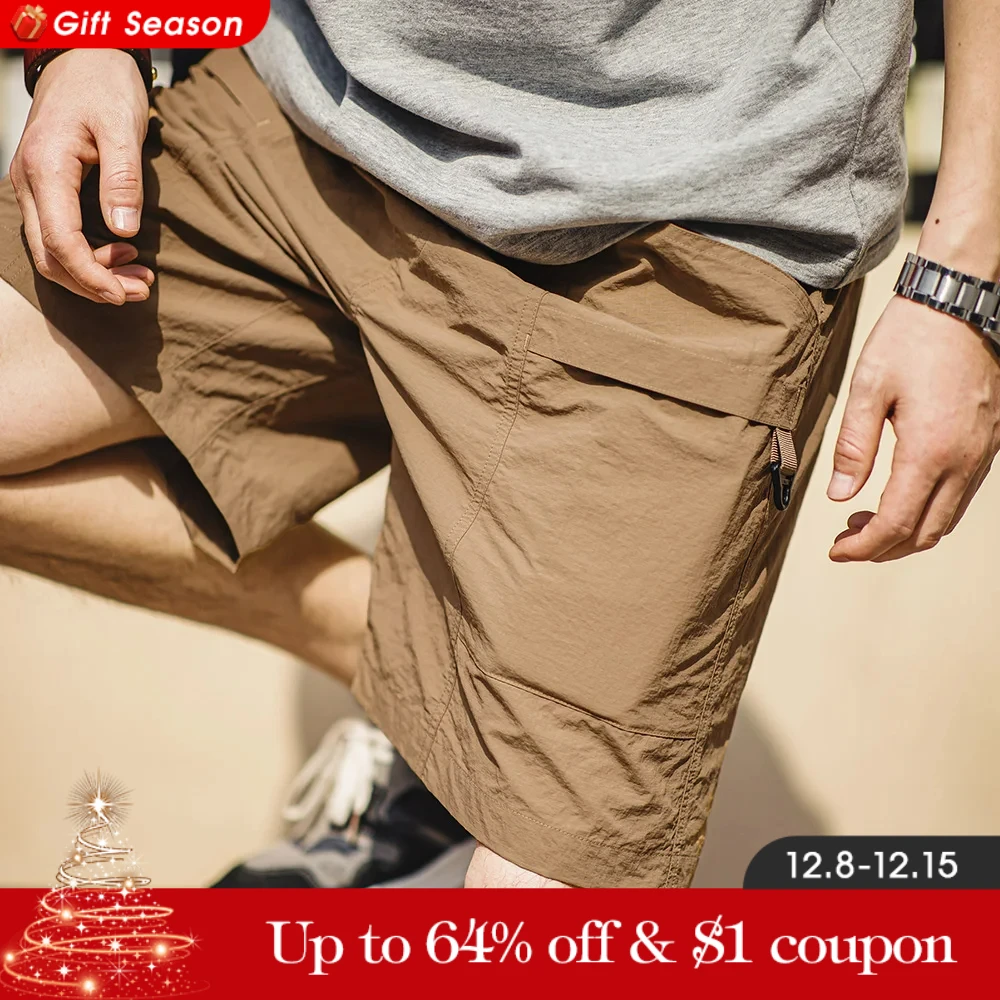 Maden 2024 New Retro Big Pocket Waterproof Shorts Outdoor Thin Straight Casual Quarter Elastic Waist Pants for Men's Summer