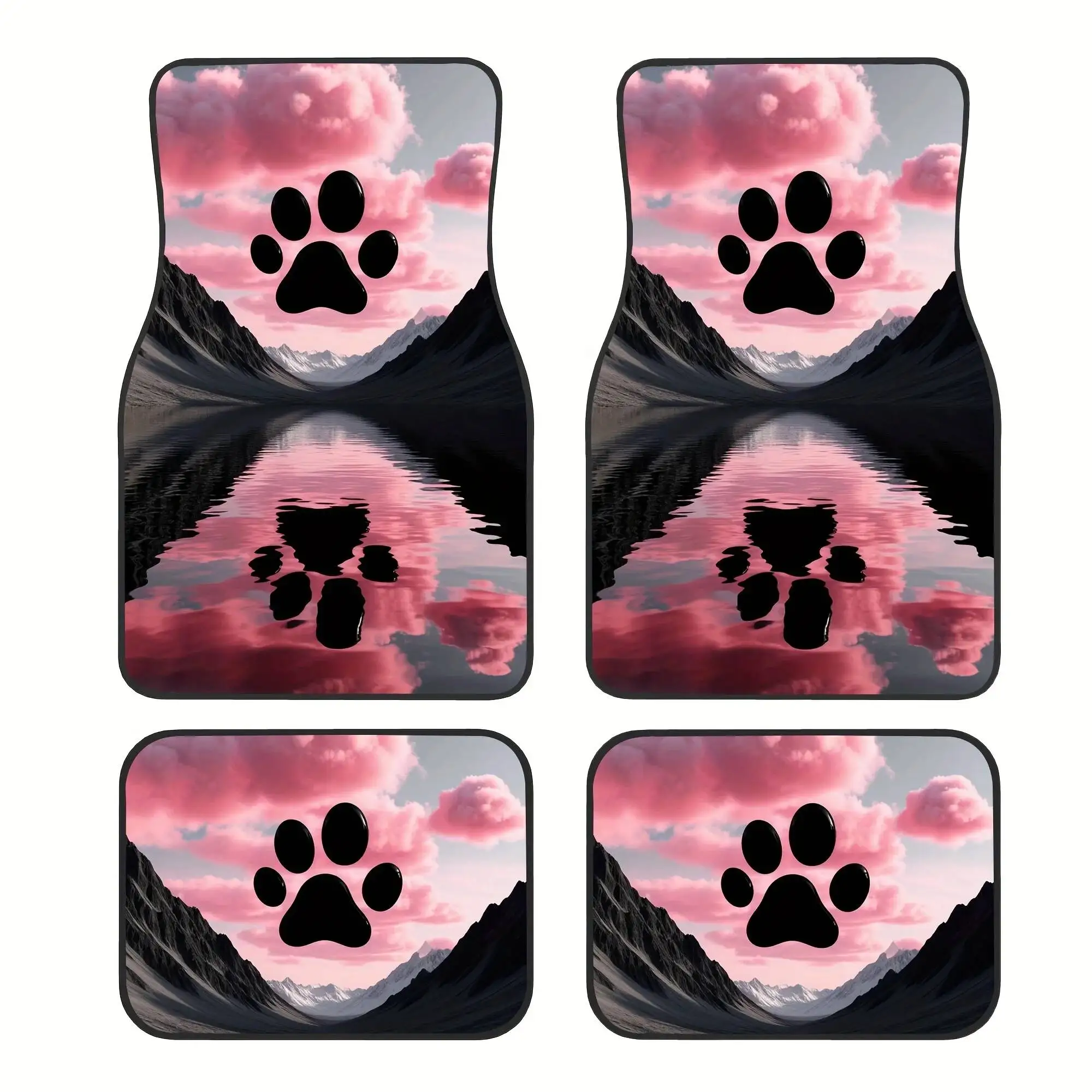 

Set Of Four Colorful Car Mats Featuring A Playful Dog Paw Design, Showcasing A Lovely Landscape Pattern, Made From High-Quality