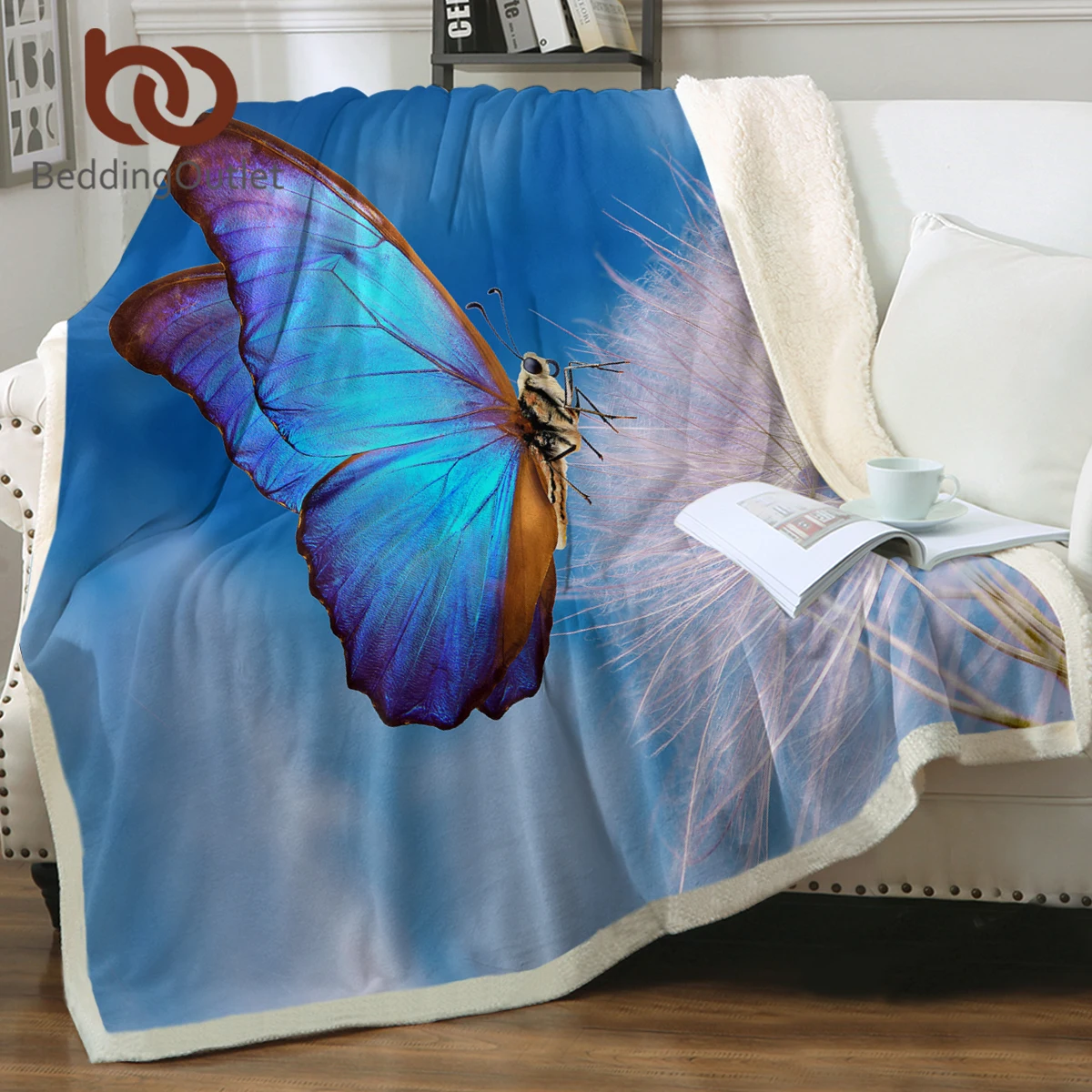 

BeddingOutlet Bed Blue Blanket Sherpa Fleece Bedding Beautiful Butterfly for Girls and Adults Bedroom Hotels