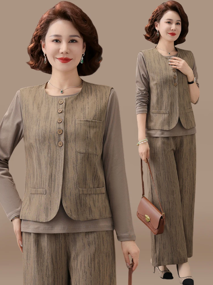 

Ele Tee-Piece Set Faionable Middle-Aged And ly Women's Clothing Spring Outerwear T-irt Vest High-Quali Mommy...