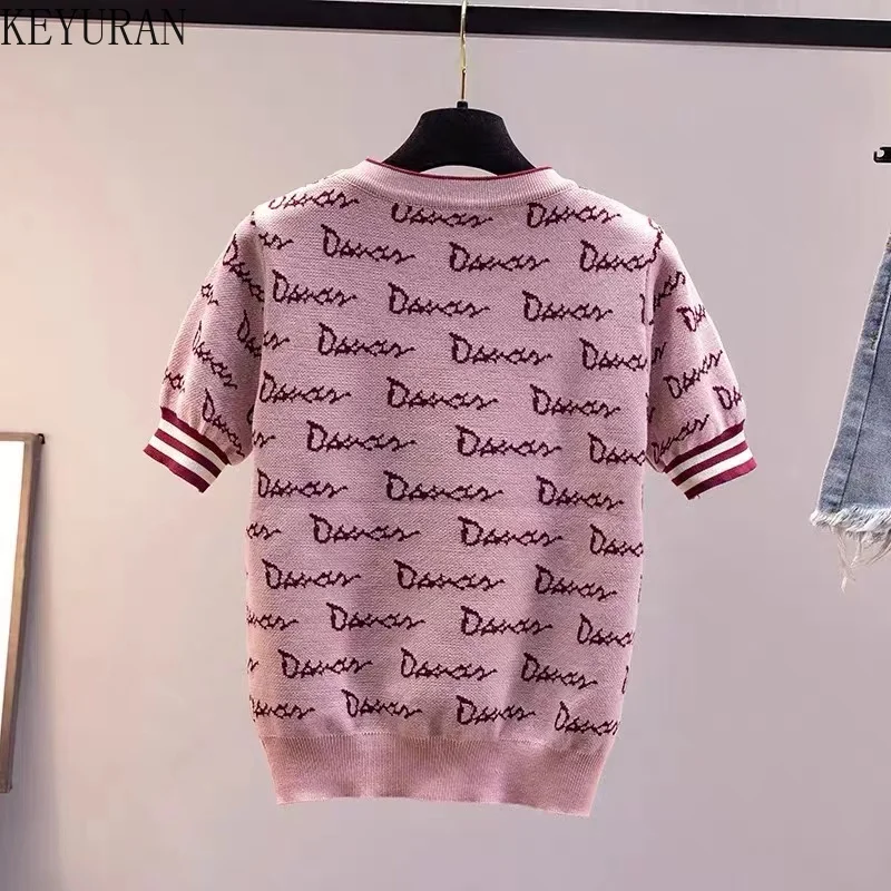 Ins-Tops de punto de manga corta con letras de dibujos animados para mujer, camiseta informal holgada con cuello redondo, camiseta fina de seda de