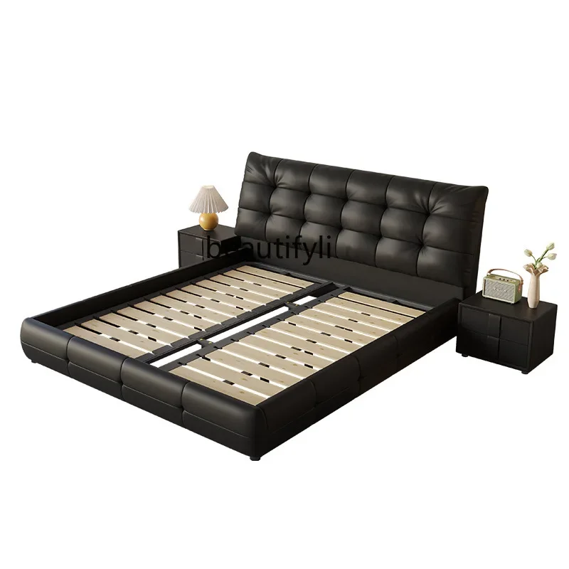 

Genuine leather bed Simple modern light luxury leather bed High-end atmosphere, black double bed Italian minimalist