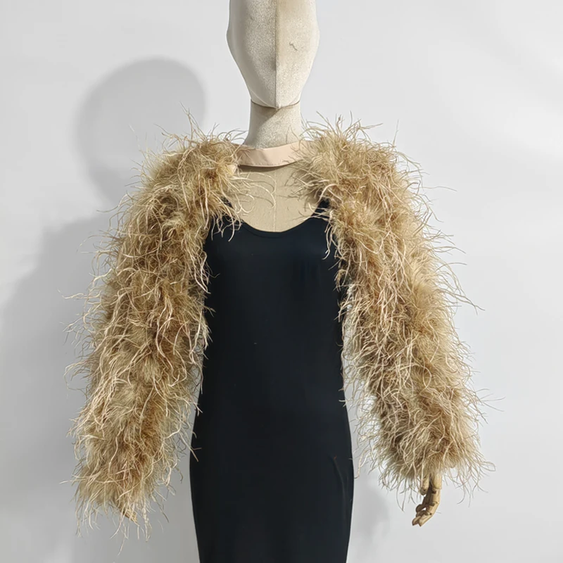 Neuestes Design, stilvolles 100 % Straußenhaar, Ärmellänge 55 cm, mehrfarbig, maßgeschneidert, für Mode, Club und Party, Bankett, vielseitig – Detail 9