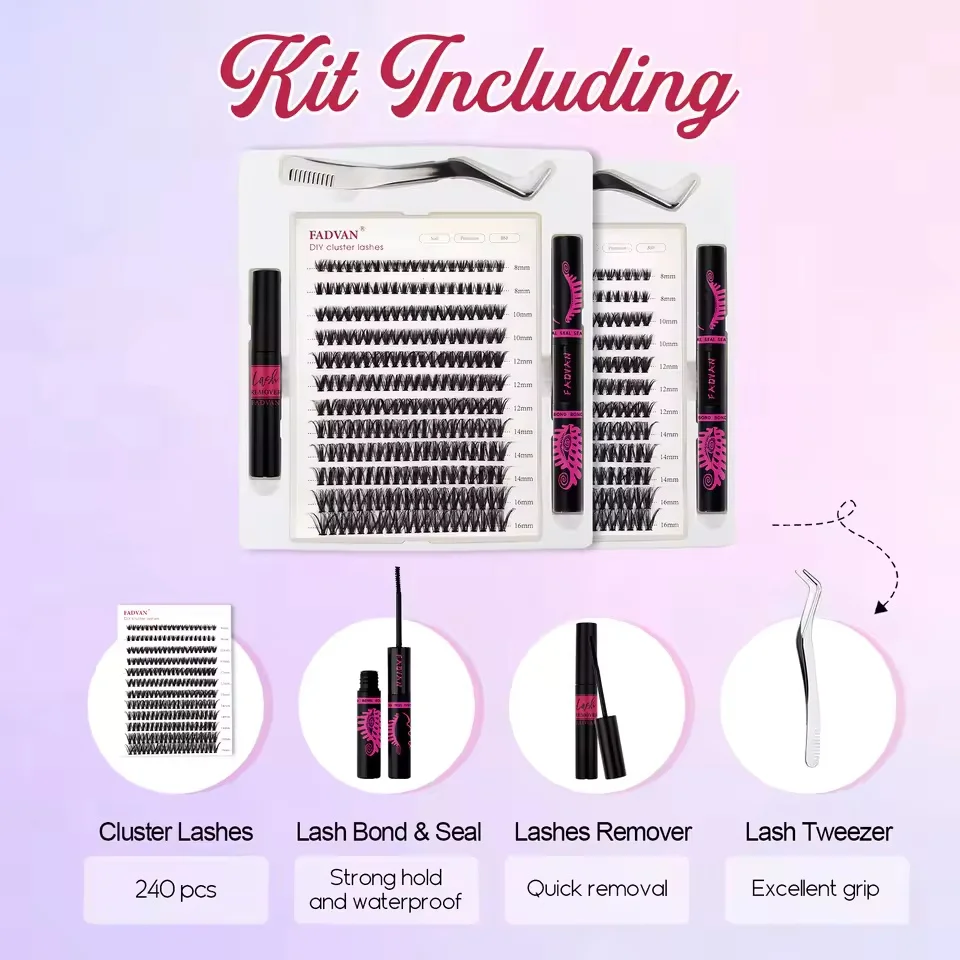 FADVAN Heat DIY Cluster-Wimpern- und Kleber-Set, 12 Reihen, D-Curl-Mix, 8–16 mm, heller, natürlicher Wimpernverlängerungsanzug