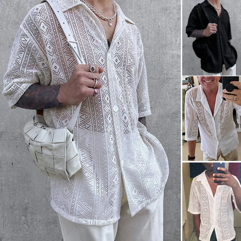 2025 spring and summer new solid color shirts fashionable and sexy men's mid-sleeve casual mesh see-through lace trendy shirts