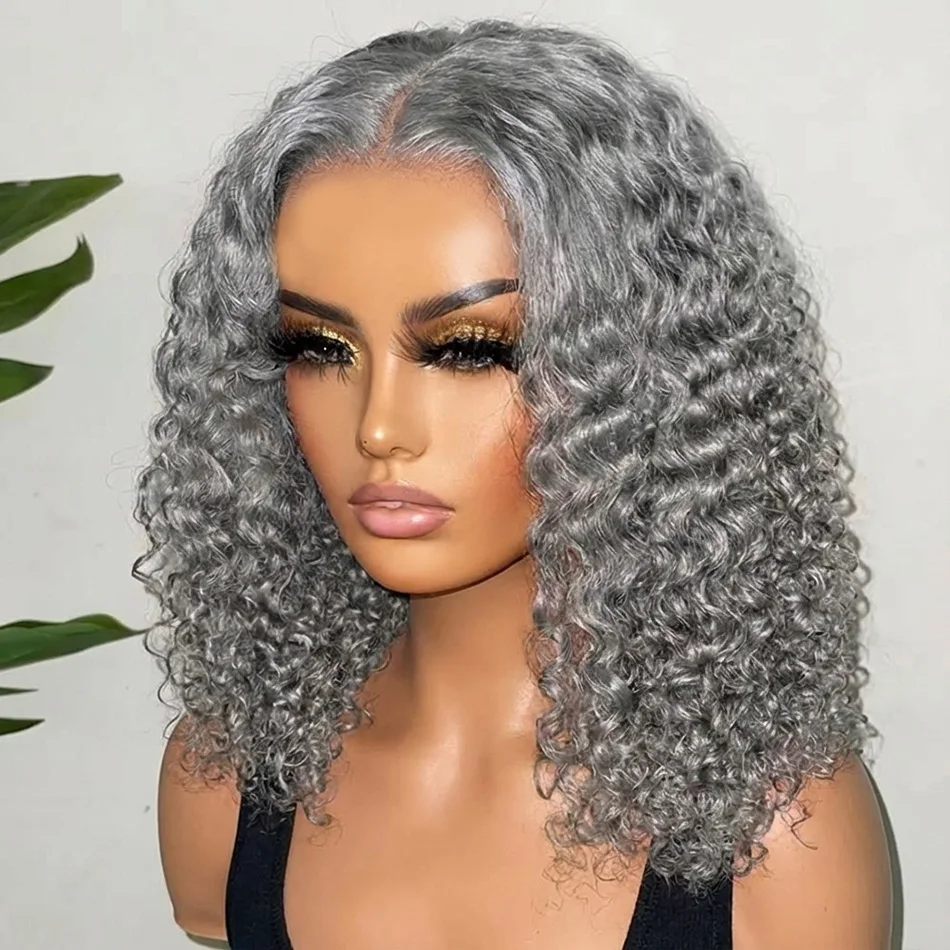 

250 Density Silver Grey Short Bob Wigs Deep Wave HD Lace Front Human Hair Wigs Peruvian Deep Curly Lace Closure Frontal Wigs