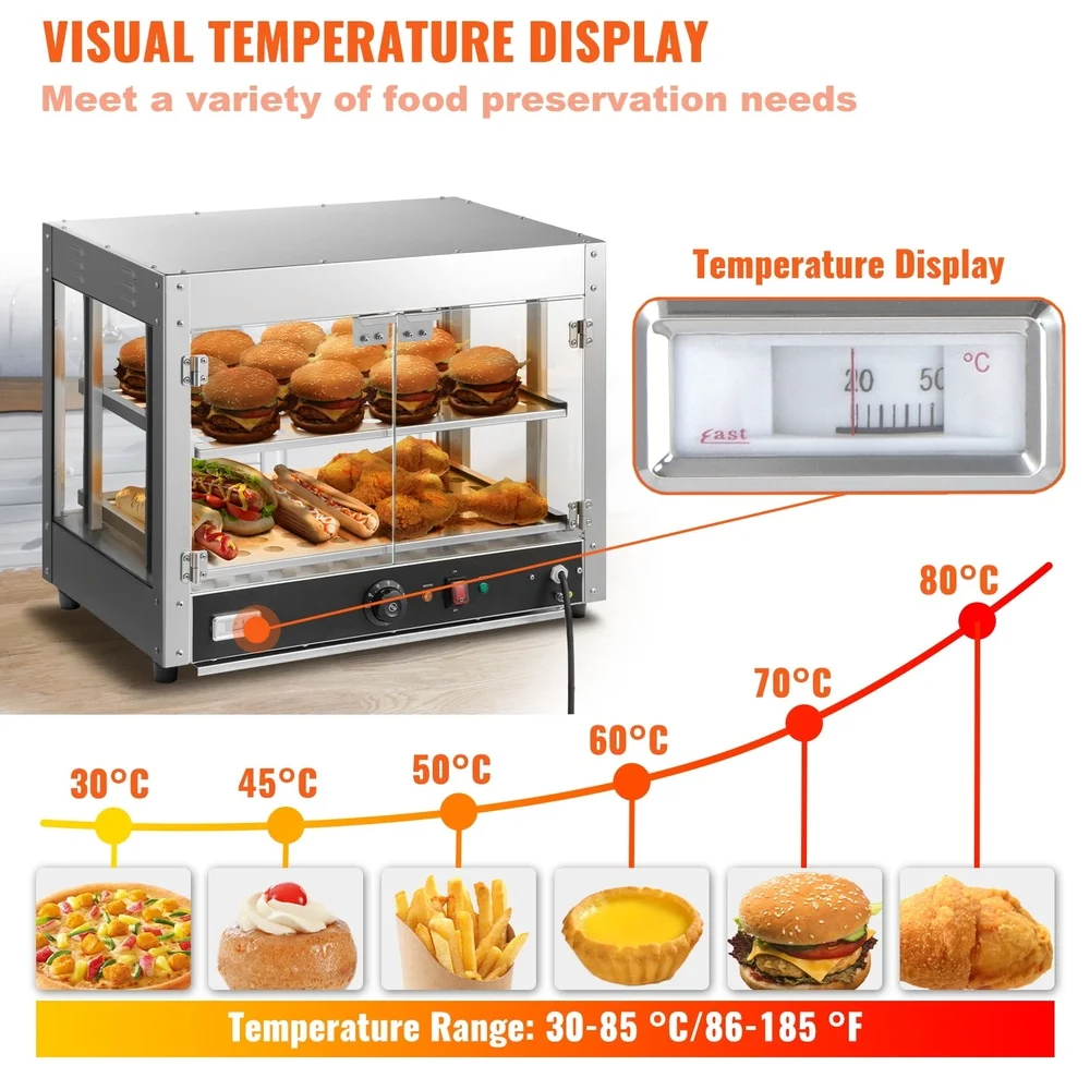 2-Tier Commercial Food Warmer Display Stainless Steel Pizza Cabinet with Water Tray Temperature Control LED Lighting Canteens