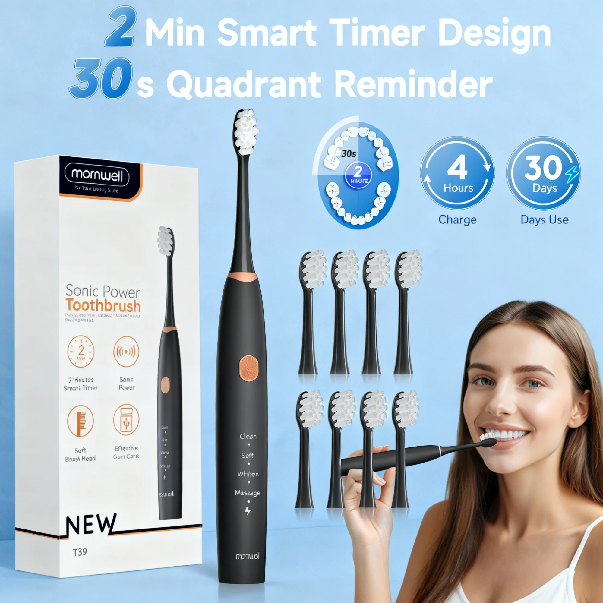 

Electric Toothbrush for Adults Kids Rechargeable Sonic Toothbrush, 8 Brush Heads, 4 Cleaning Modes 4-Hour Charge Lasts 30 Days
