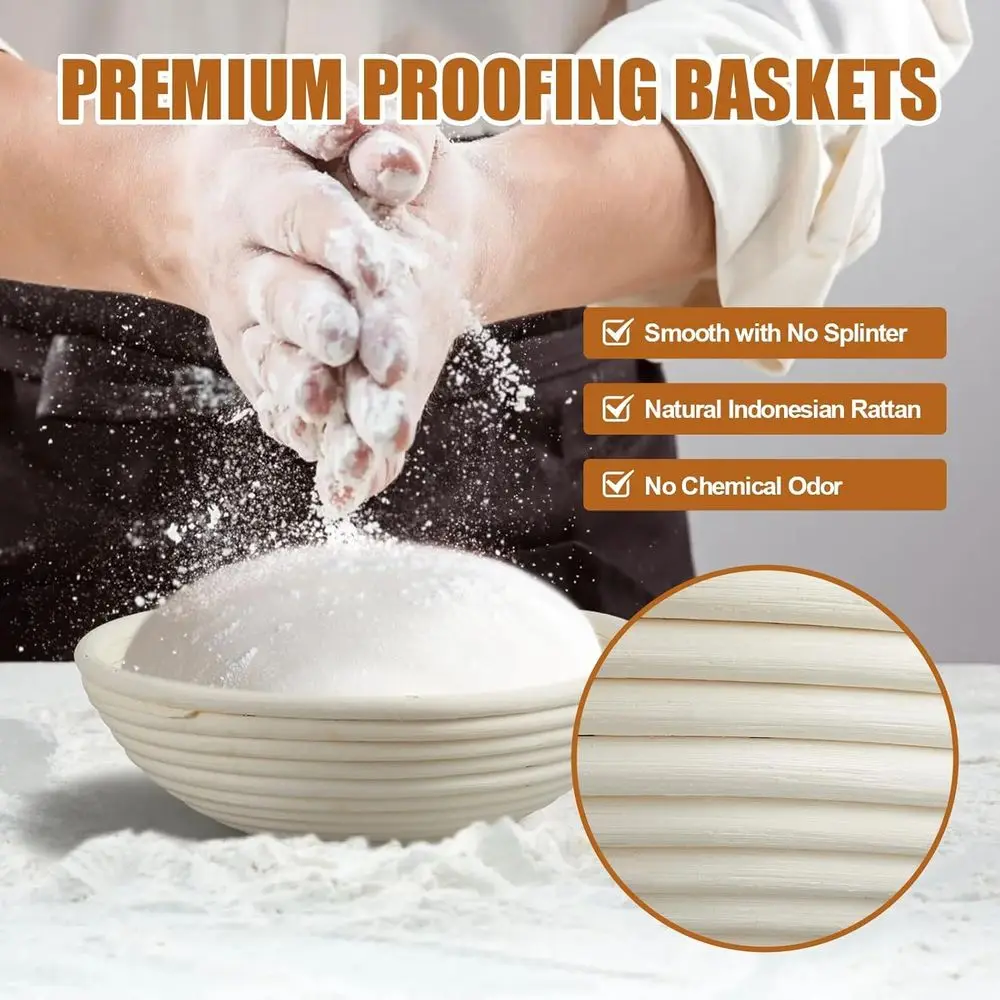 9 Inch Round Banneton Set - 2 Handcrafted Rattan Sourdough Proving Baskets with Liners