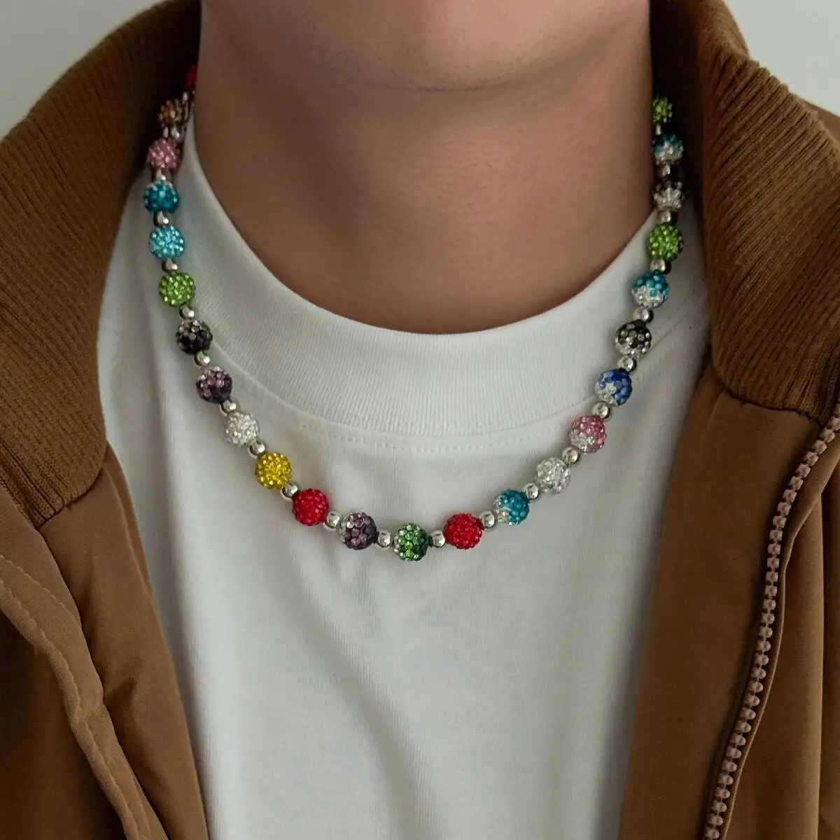 SHIXIN Hip-hop Colorful Rhinestones Round Ball Beaded Choker Necklace Men Retro Adjustable Collar Chain Y2K Jewelry Accessories