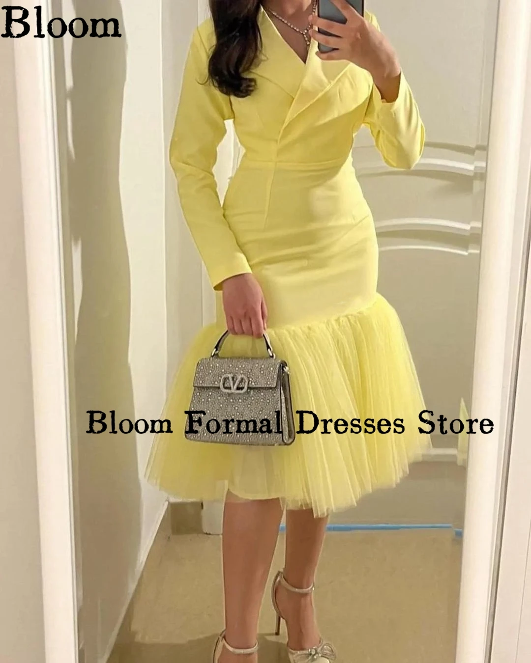 Bloom Long Sleeves lapel Prom Dresses Satin Tulle Knee-length Simple Formal Evening Dresses Wedding Party Dress Free Shipping