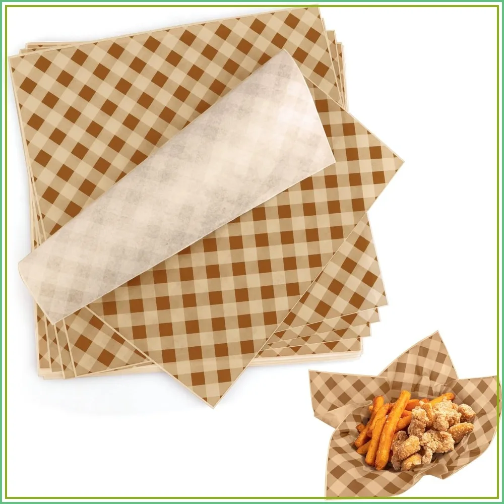 100 PCS 12x12 Wax Paper Sheets, Grease Resistant Checkered Sandwich Wrappers for Burger, Bread, BBQ
