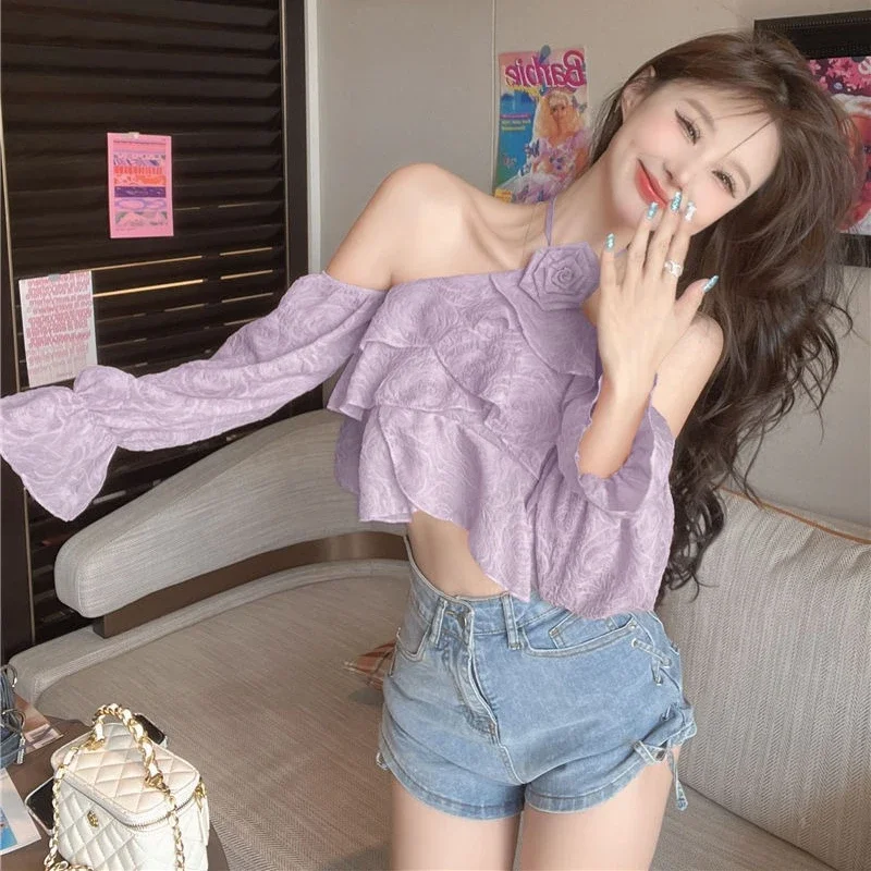 

Новинка 2025, женская блузка с цветочным принтом, новинка весны, без бретелек, с расклешенными рукавами, топы с открытыми плечами, женские топы с лямкой на шее