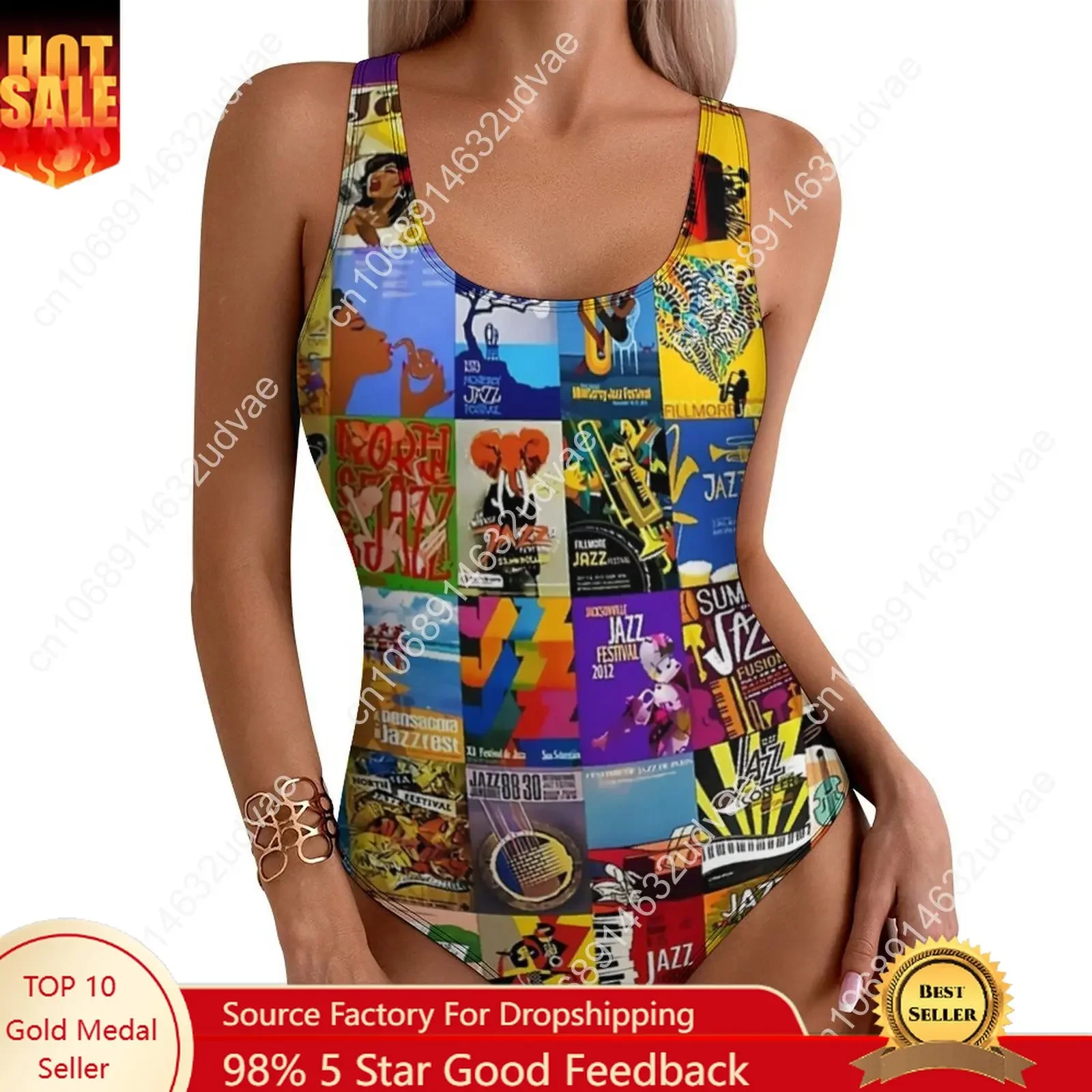 

Collage of Jazz Festivals Swimsuit Music Band Print One Piece Swimwear Push Up Trend Bathing Suit Sexy Surf Graphic Beach Wear