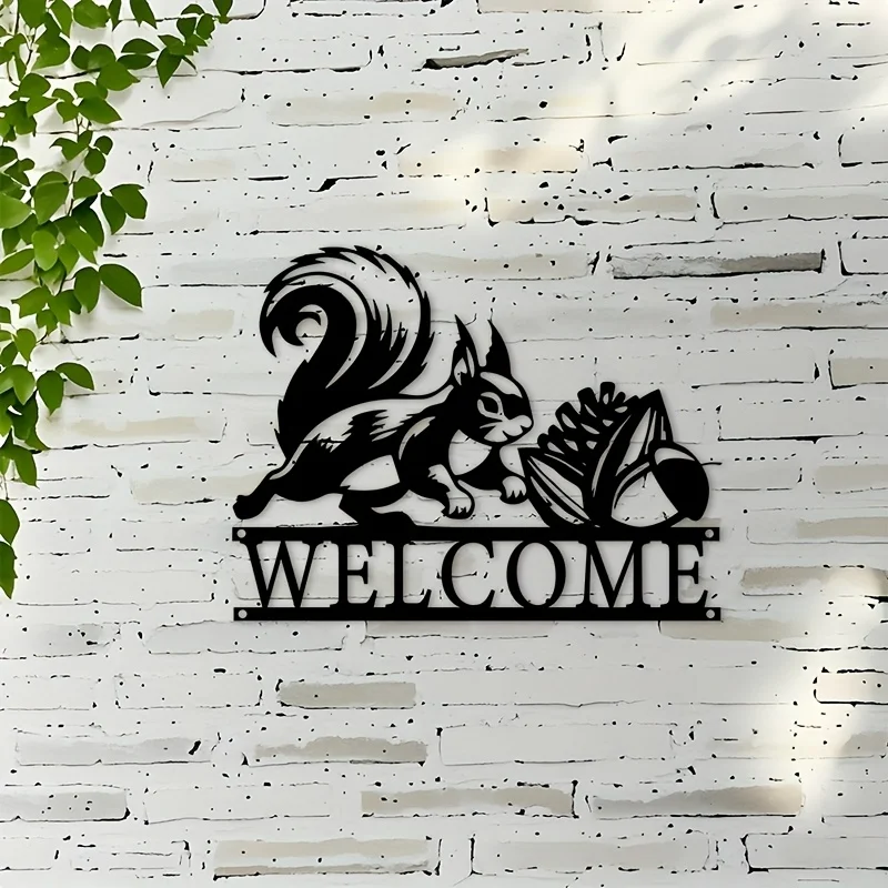 Squirrel Acorn Metal Wall Art Iron 2D Flat Woodland Silhouette Garden Entryway Hanging Mural Nature Decor Gift