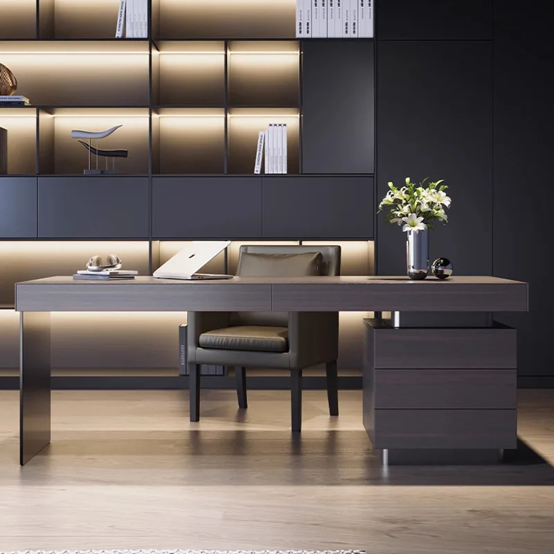 Writing Table for Home Office or Study Room Modern Wooden Desk with Drawer and Storage Cabinet Stainless Steel Legs