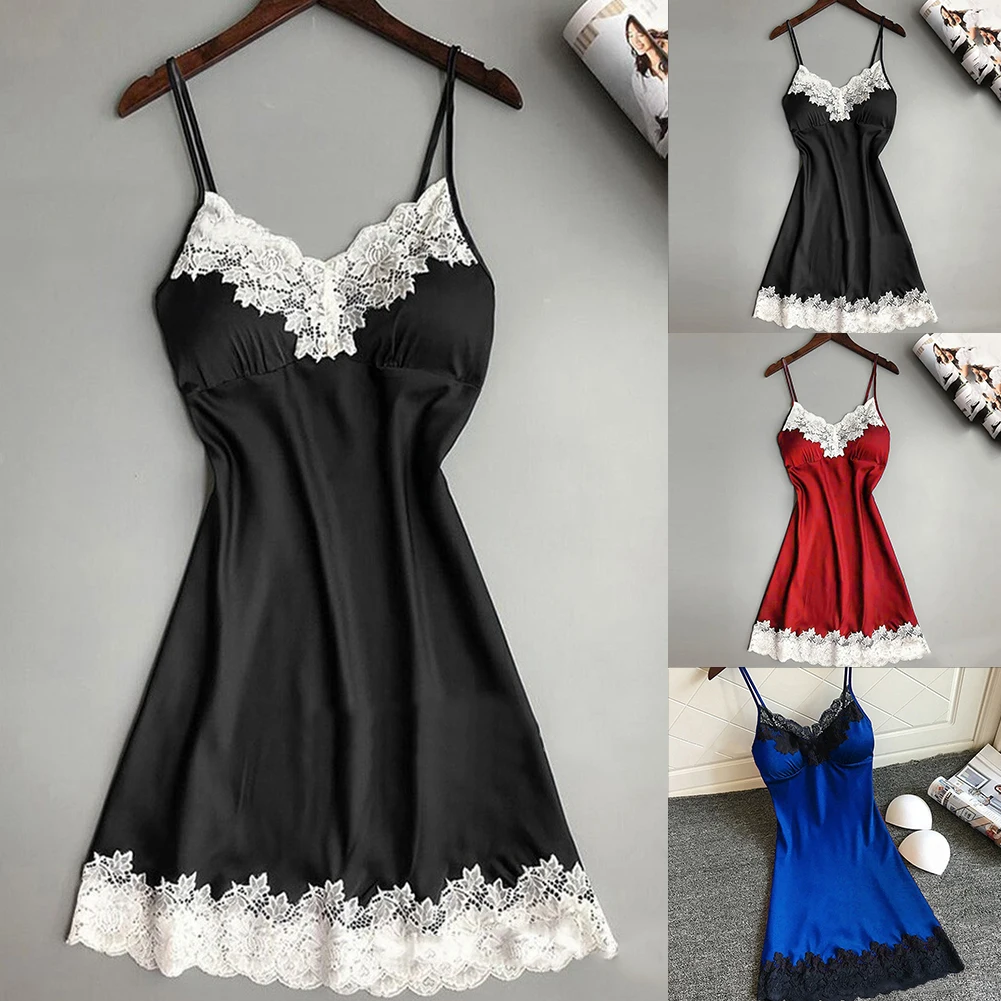 New Women Sexy Ice Silk Summer Lace Strap Lingerie Nightgown NO Chest Pad Sleepwear Temptation A-line Loose Lady Camisole Dress