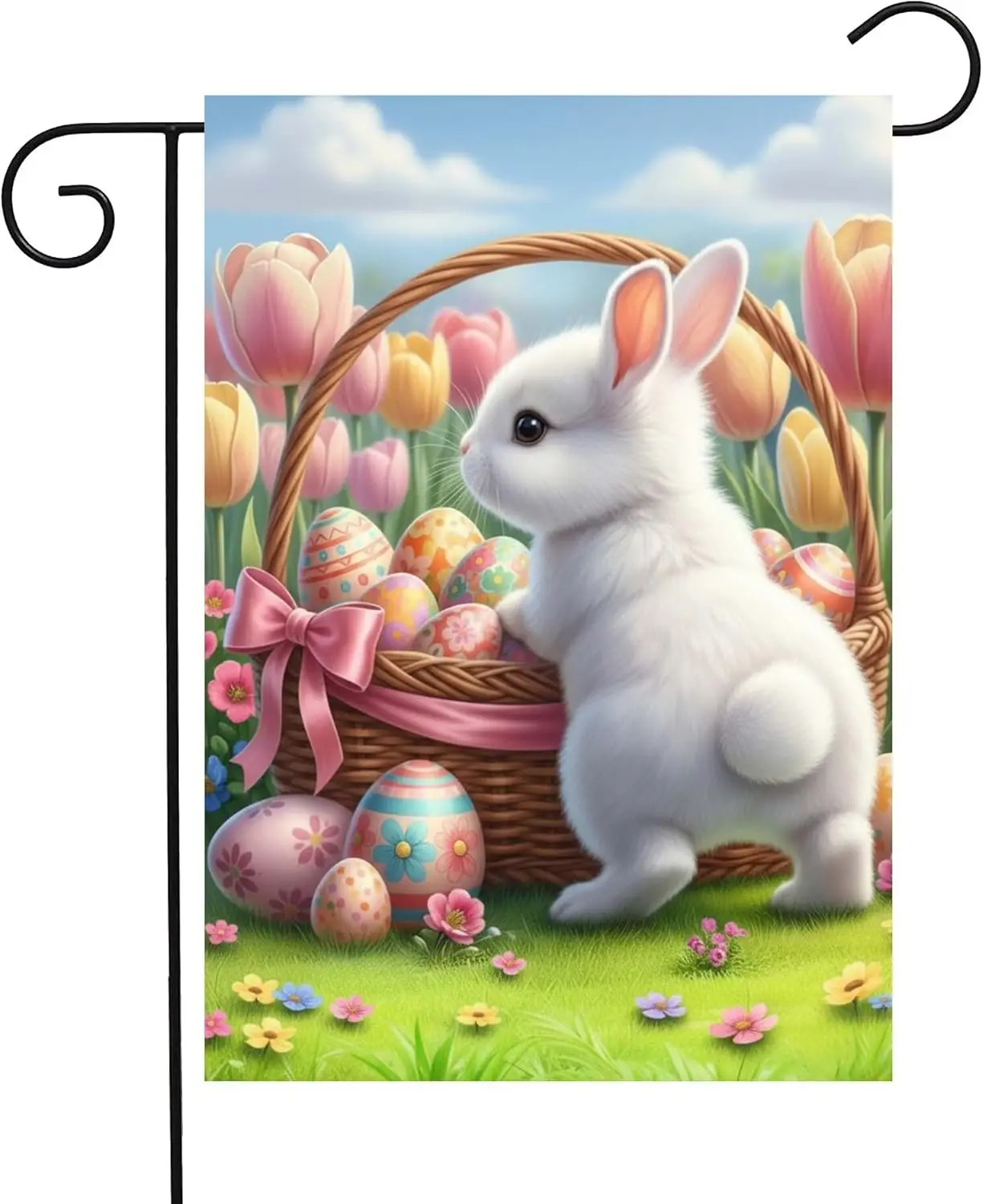 Happy Easter Little Cute Bunny Rabbit with Colorful Egg Basket Tulips Garden Yard Flag 12