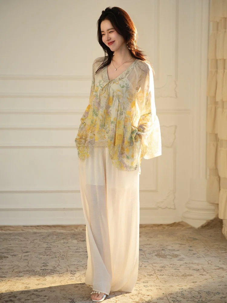 

Женская шифоновая блузка Touchin Haute Heavyweight с цветочным принтом, V-образным вырезом, таинственная, полупрозрачная, во французском стиле, свободного кроя, с длинными рукавами