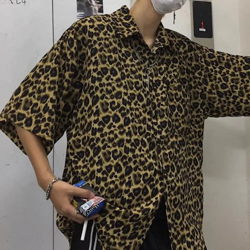 Trendy Retro Shirt  Lapel Quick Drying Couple Shirt  Summer Leopard Print Casual Shirt